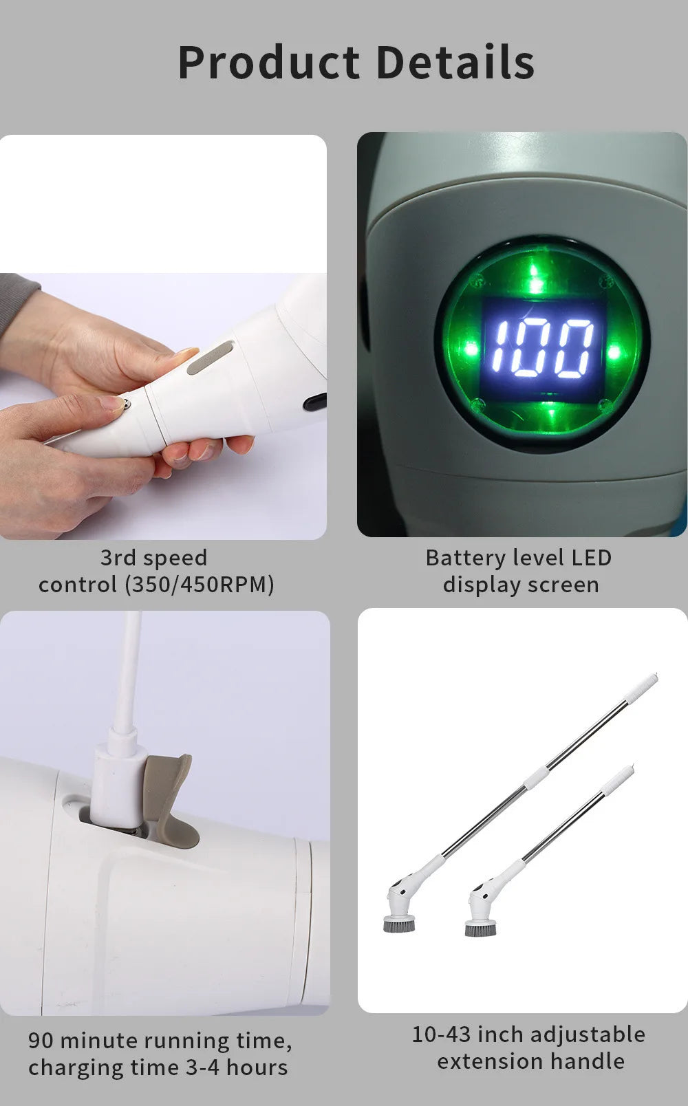 8 In 1 Electric Cleaning Brush - Power Spin Scrubber LCD Screen LED Light